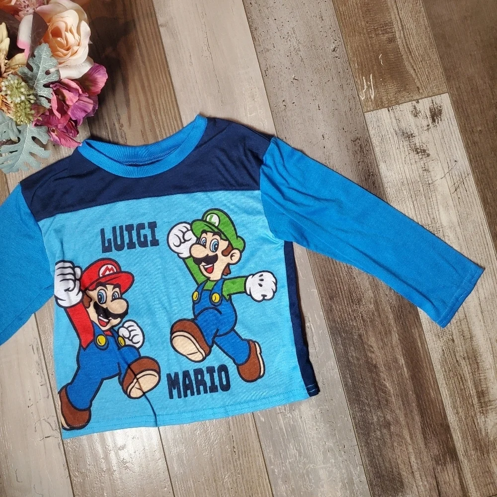 Super Mario Size 6 Long Sleeve Pajama PJ Top Mario Luigi Graphic Tee Blue